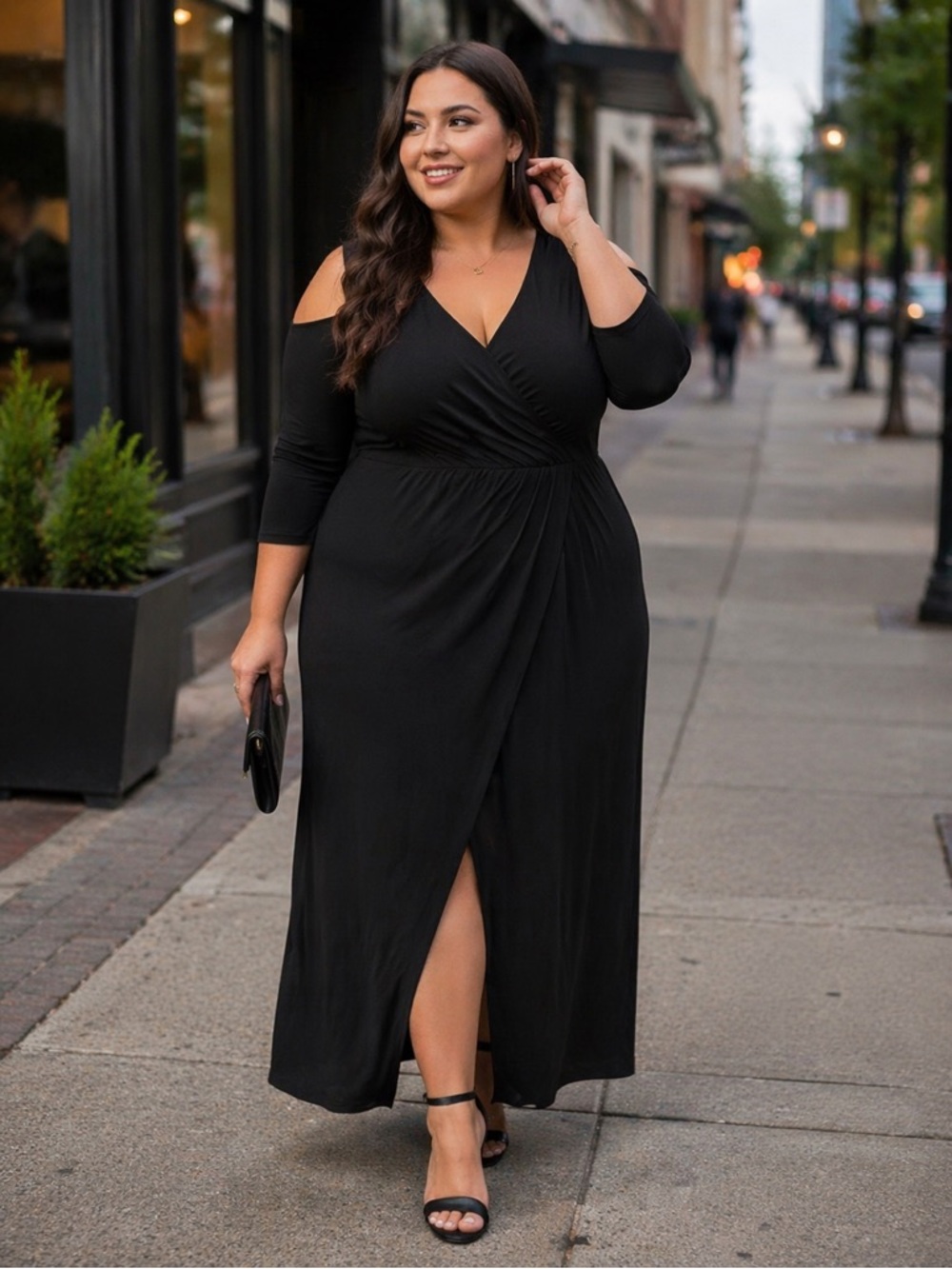 KATE & MALLORY Stretch Knit Cold Shoulder Surplice Neck Faux Wrap Maxi Dress 2X